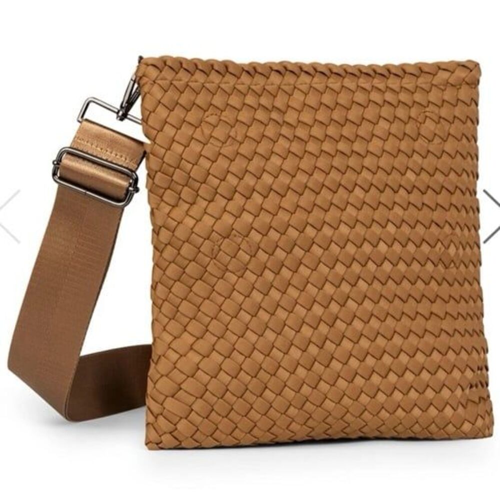 Haute Shore Val Belize Convertible Woven Style Square Crossbody Bag Camel Brown